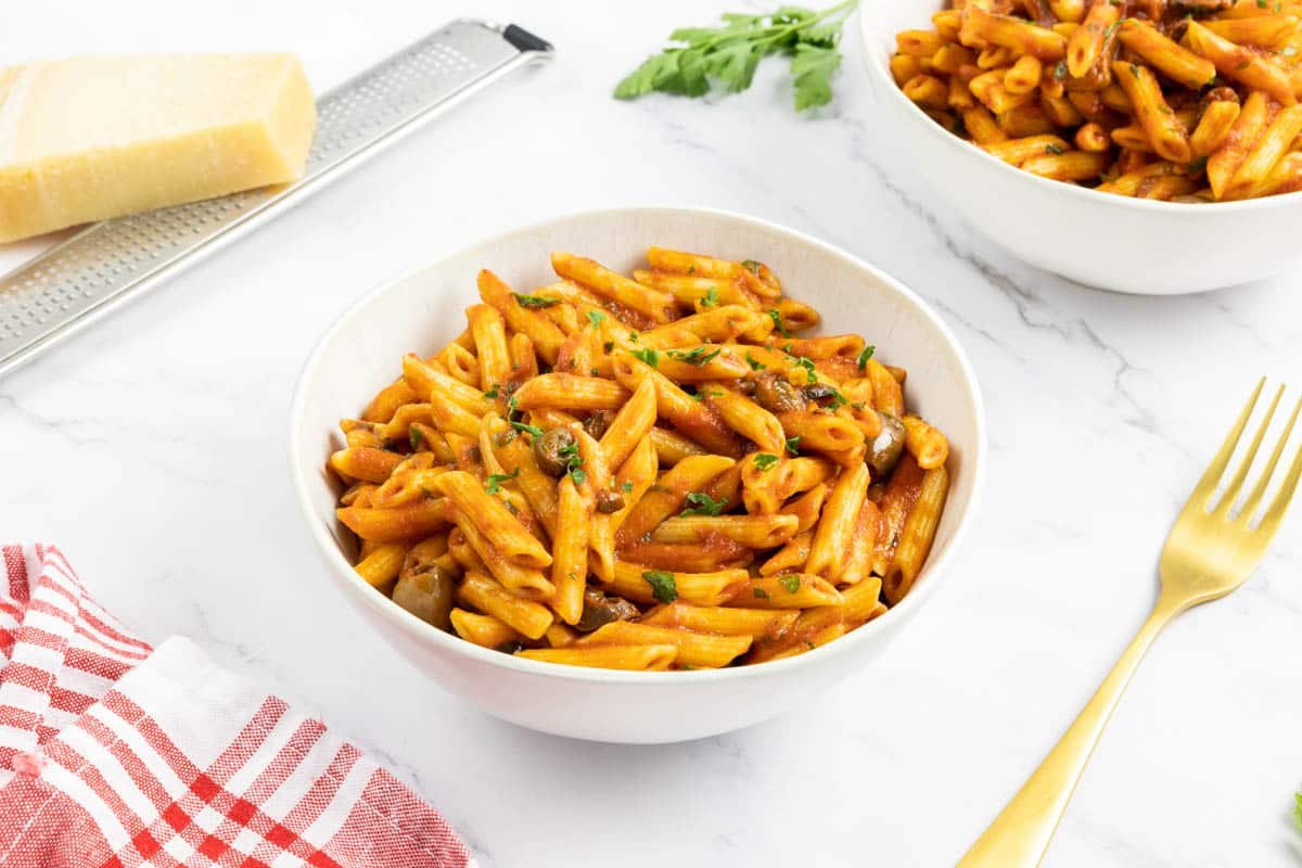 Mediterranean penne pasta in a bowl.