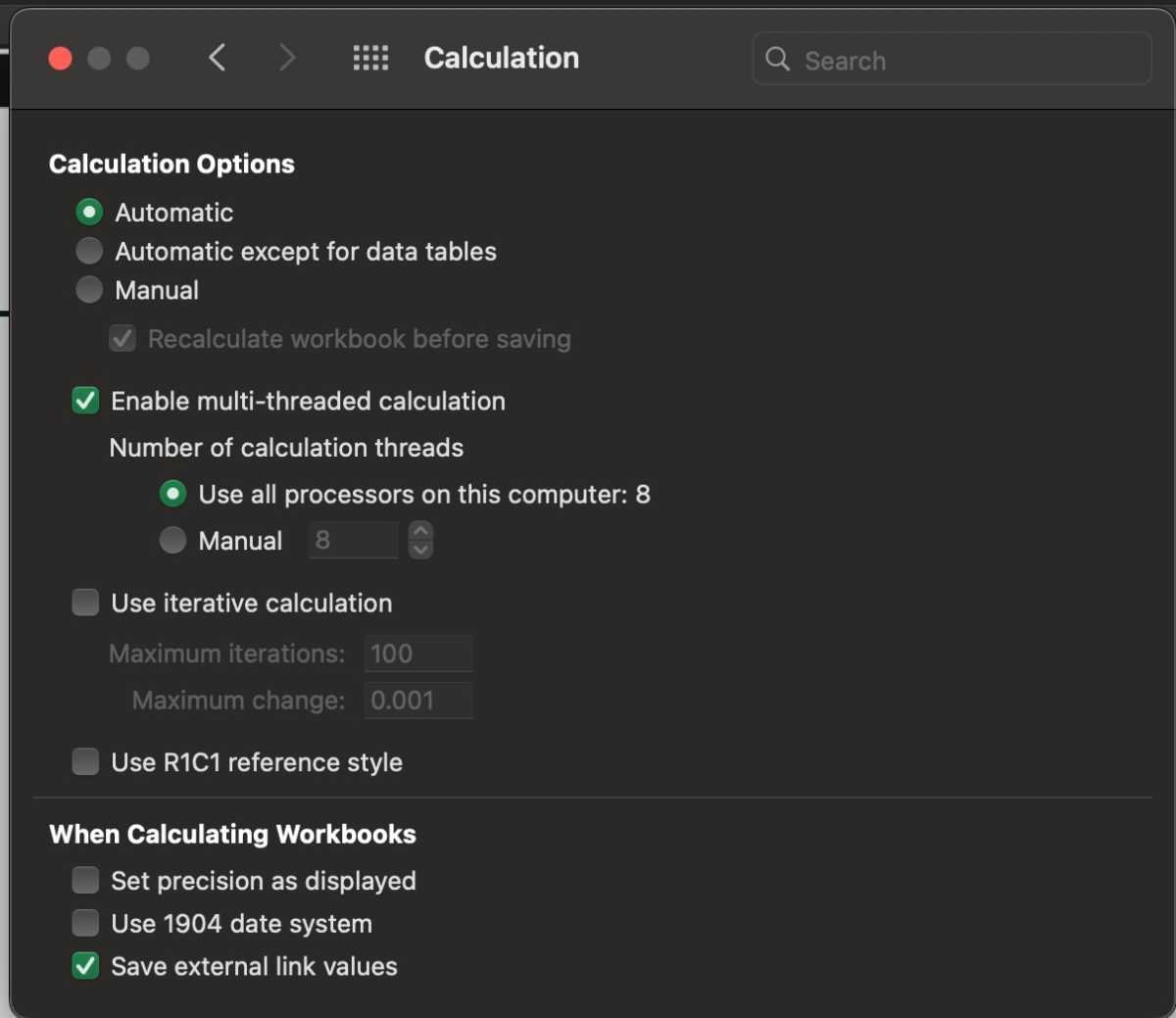 Excel calculation options