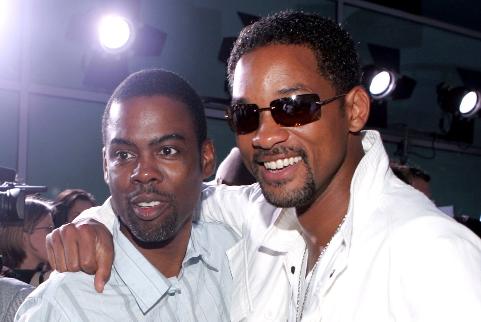 Actors Chris Rock and Will Smith arrive to the premiere of Hustle and Flow at the Cinerama Done on July 20, 2005 in Hollywood, California.