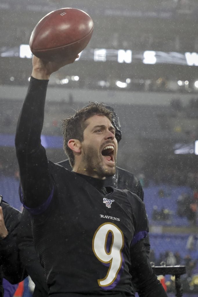 Justin Tucker #9 of Baltimore Ravens celebrates after kicking the game winning field goals against San Francisco 49ers after the game at M&T Bank Stadium on December 1, 2019 in Baltimore, Maryland.