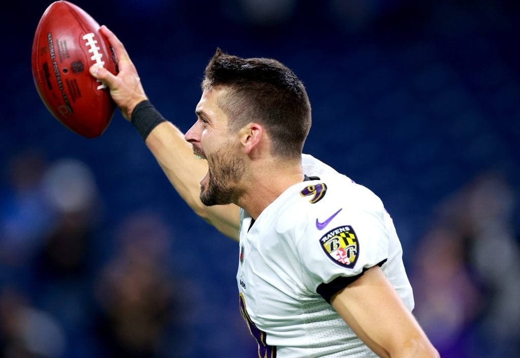 Justin Tucker #9 of Baltimore Ravens celebrates the winning field goal at the end of the game against the Detroit Lions at Ford Field on September 26, 2021 in Detroit, Michigan. 