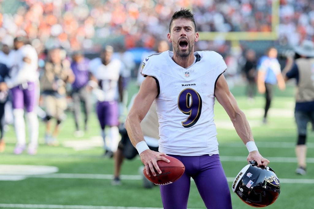 Justin Tucker #9 of Baltimore Ravens responds after kicking the game -winning field target during overtime against Cincinnati Bengals at Paycor Stadium on October 6, 2024 in Cincinnati, Ohio.