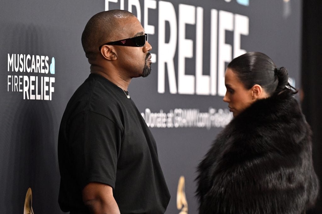 American rapper and producer Kanye West and Australian model Bianca Censori arrive at the 67th annual Grammy Awards at the Crypto.com Arena in Los Angeles on February 2, 2025. 