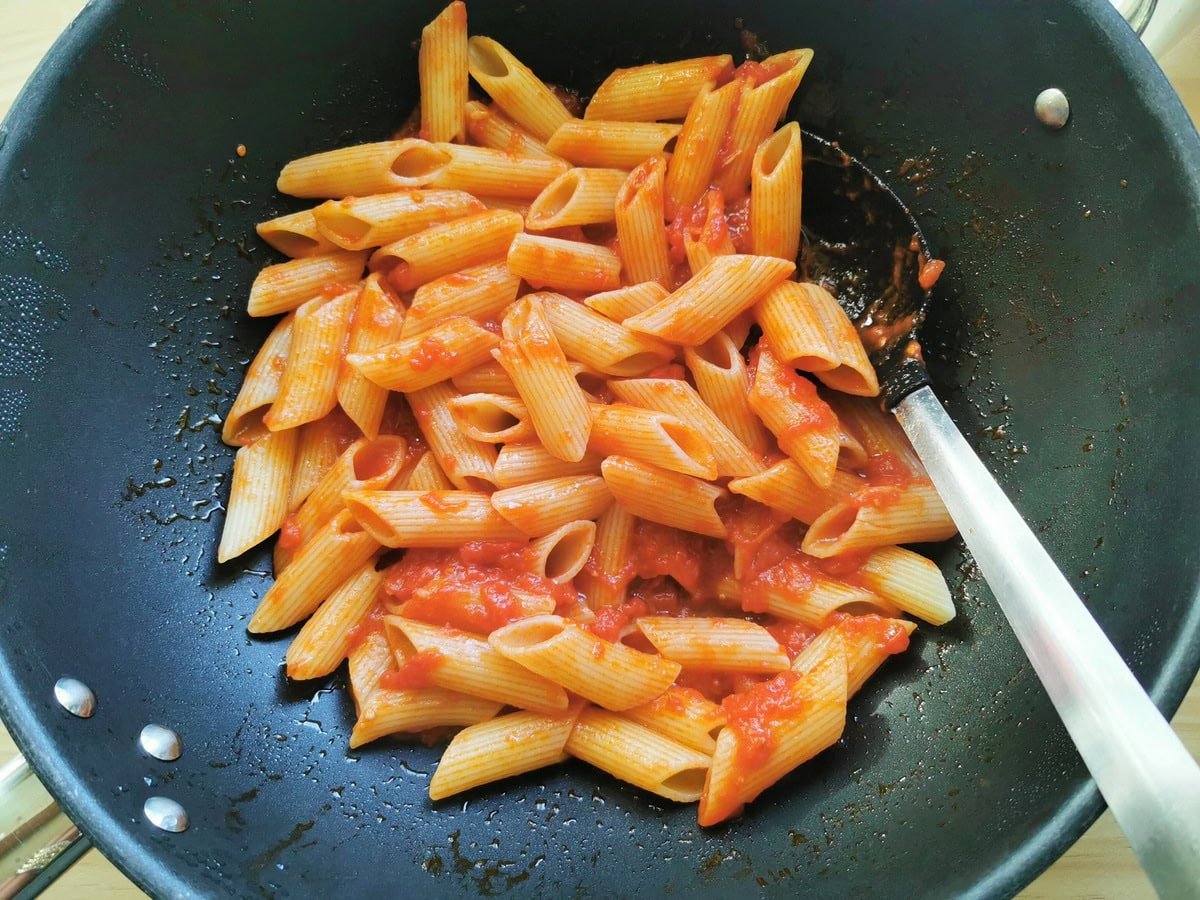 Ready Penne Pasta Al Pomodoro in the Skilled.