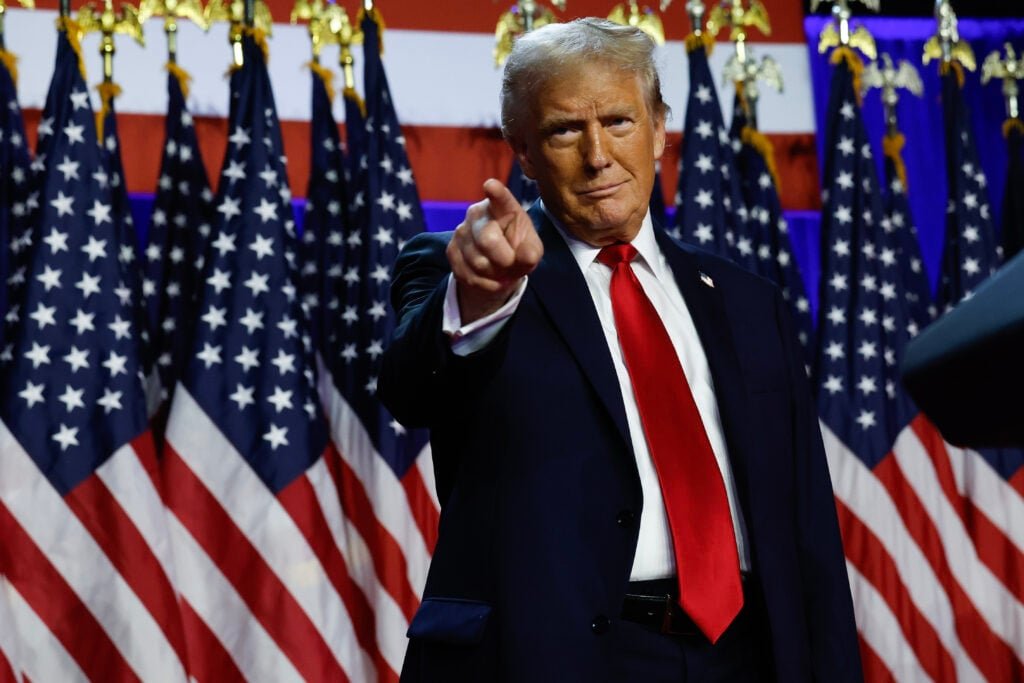 Donald Trump arrives to speak during an election night event at the Palm Beach Convention Center on November 6, 2024 in West Palm Beach, Florida.