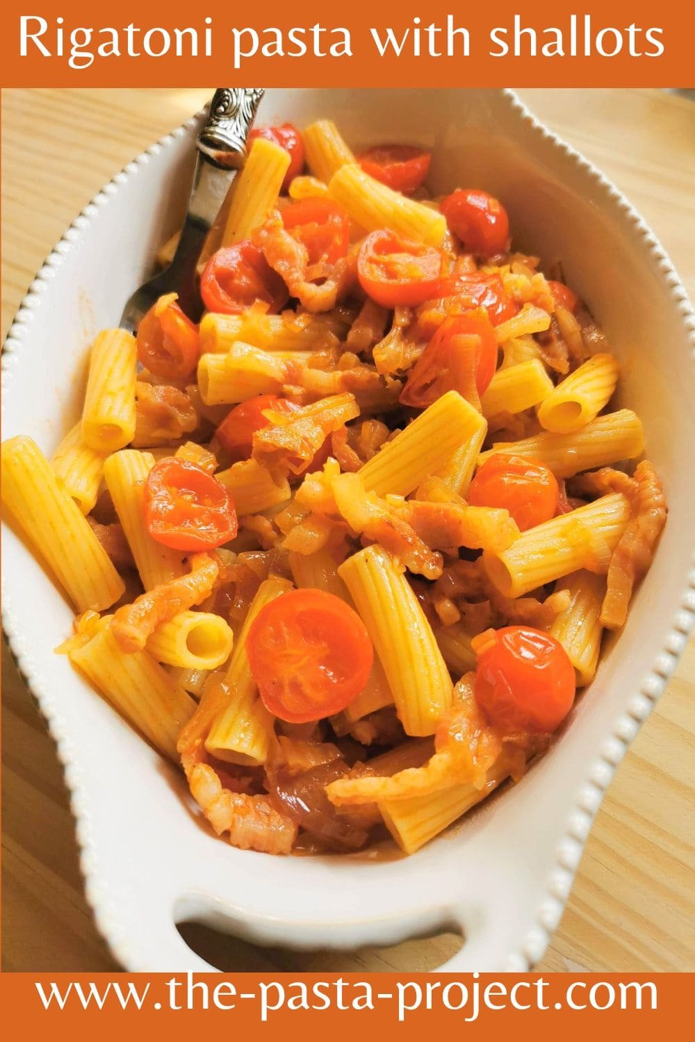 Rigatoni -paste with shallots vertical image for Pinterest.