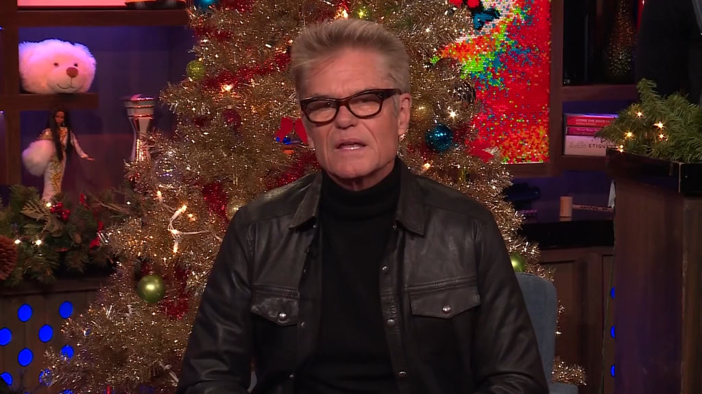 Harry Hamlin on See what happens live, with WWHL's holiday decor behind him.
