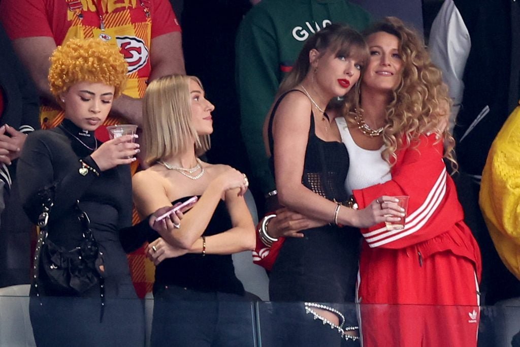 Rapper Ice Spice, singer Taylor Swift and actress Blake Lively before the Super Bowl LVIII between San Francisco 49ers and Kansas City Chiefs at Allegiant Stadium on February 11, 2024 in Las Vegas, Nevada.