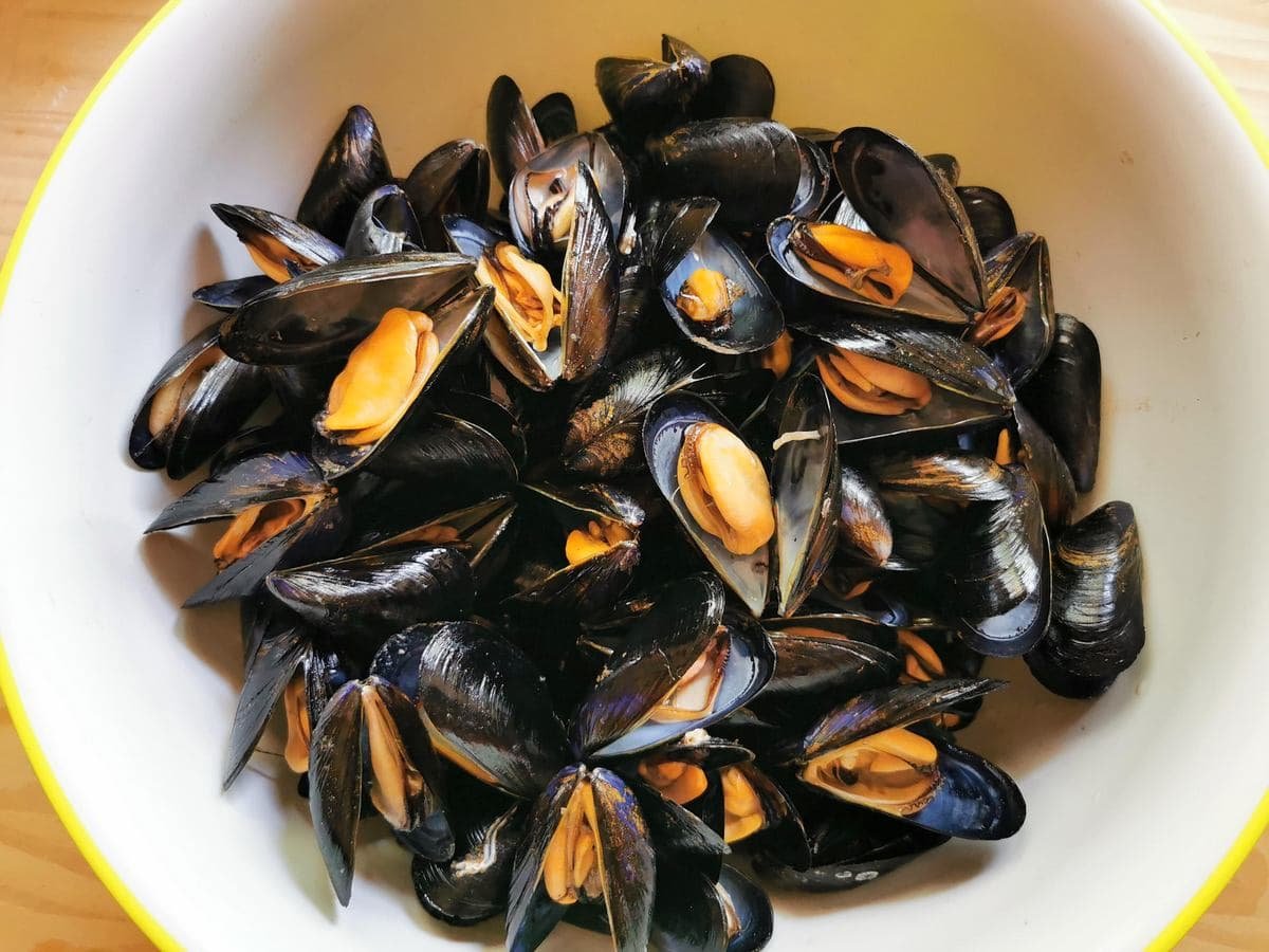 Cooked clams in a large bowl.