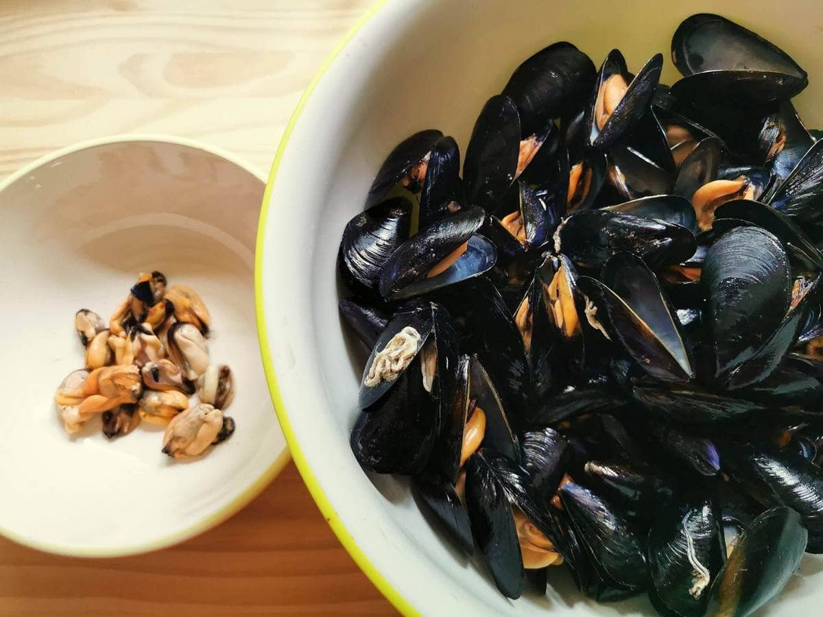 Cooked mussels in a large bowl and some peeled clams in smaller bowls.