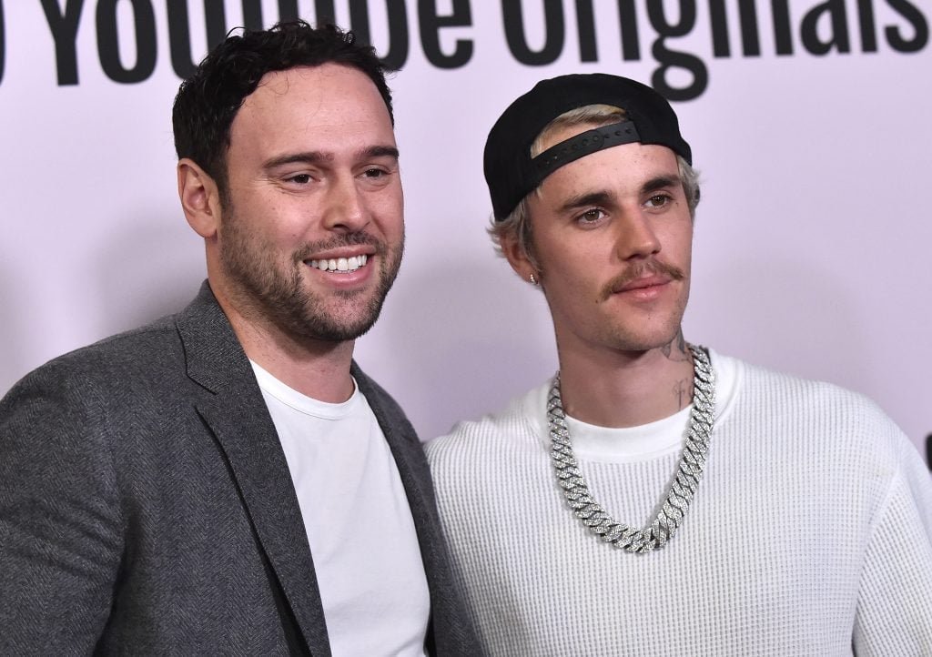 American businessman scooter Braun and Canadian singer Justin Bieber arrive at YouTube Originals' "Justin Bieber: Seasons" Premiere at Regency Bruin Theater in Los Angeles on January 27, 2020.
